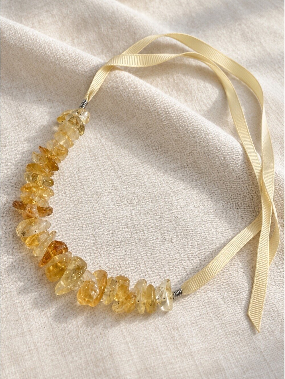 💛 Yellow Honey Chip Bead Necklace with Ivory Ribbon Tie